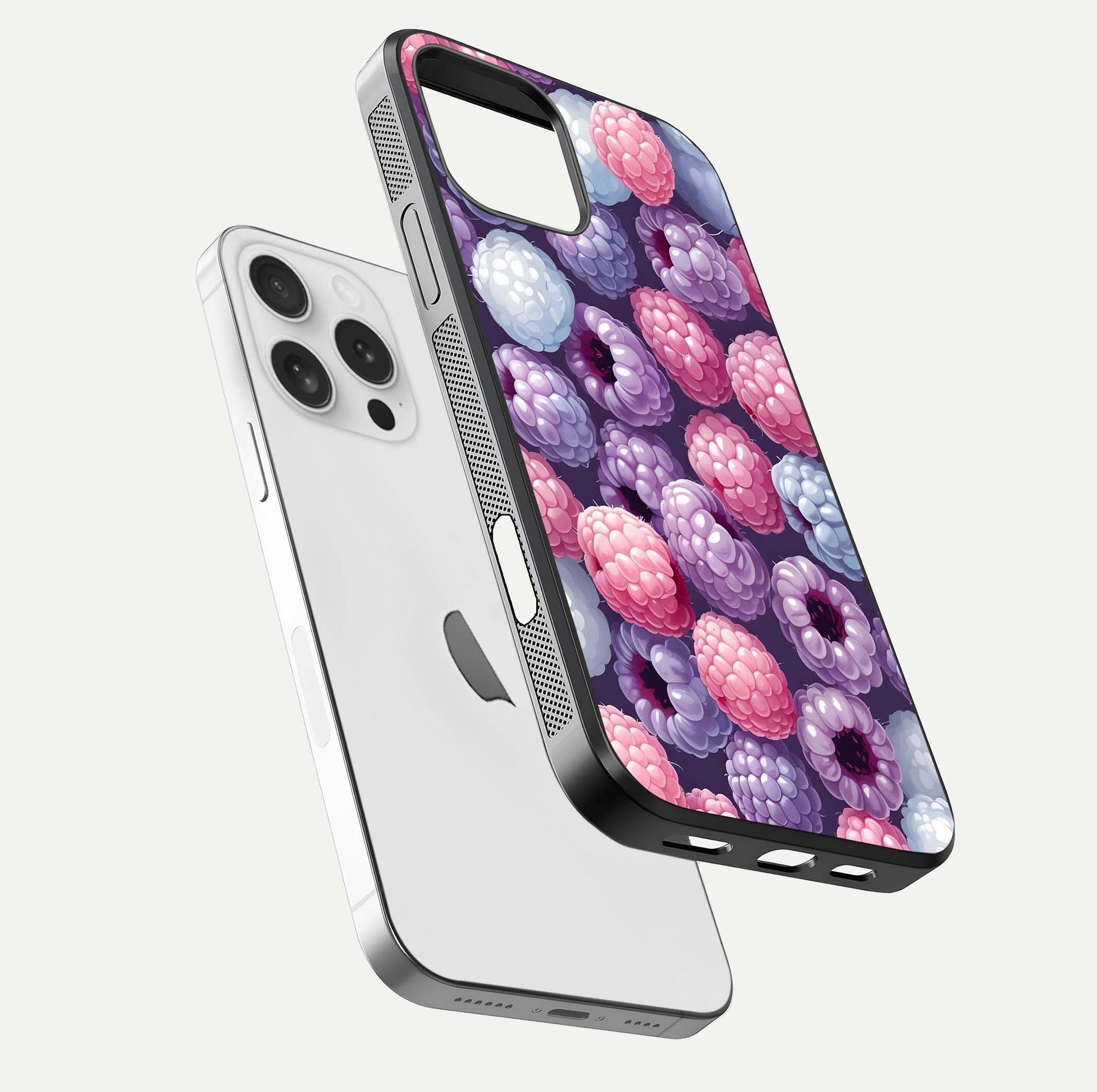 Berry Candy Pop Glass Case for iPhone 16 Pro floating dual-view mockup highlighting gloss shine and curved edges