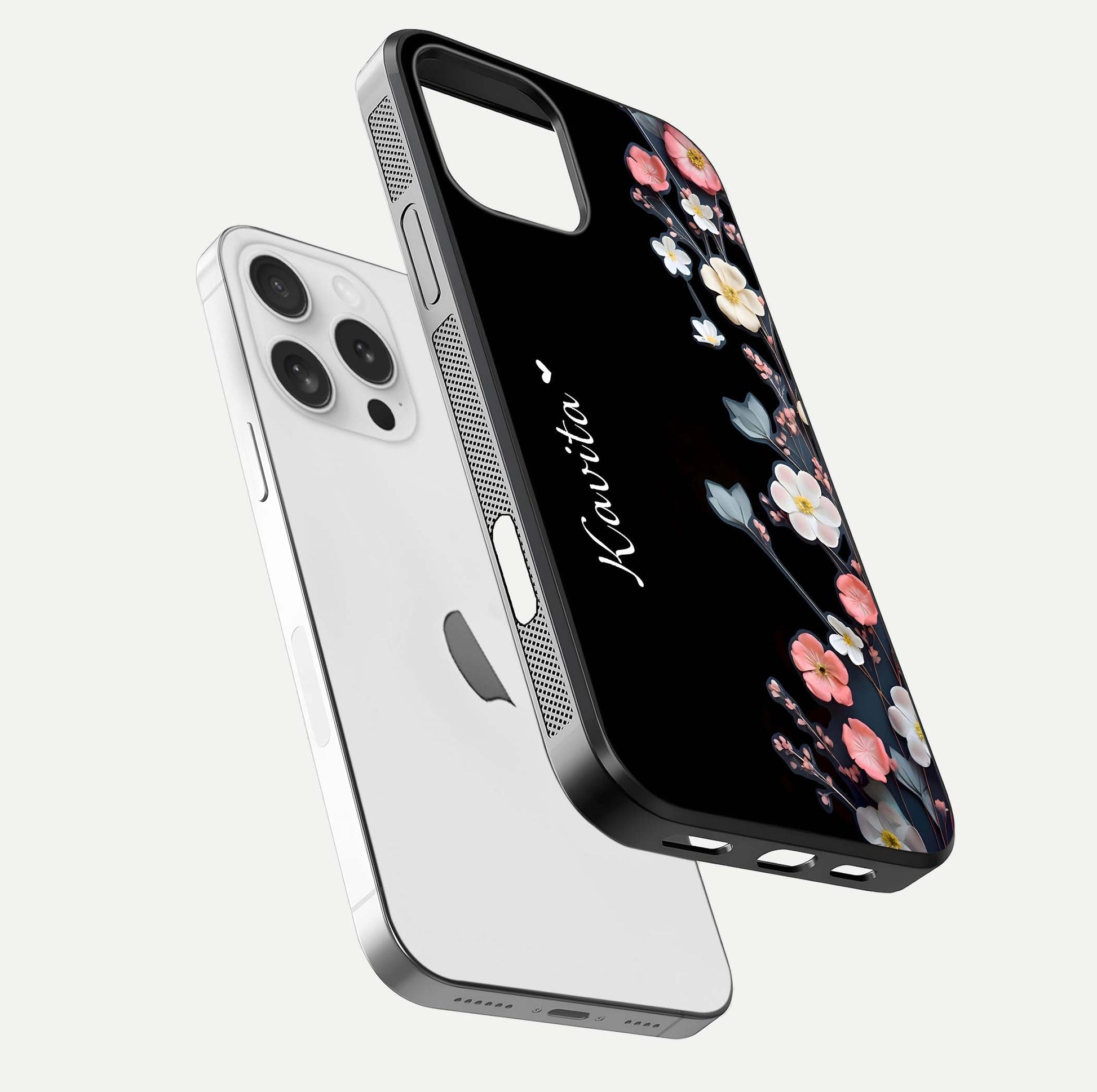 Black Elegance Floral Custom Name Glass Case for iPhone 16 Pro floating mockup emphasizing premium shine and floral art