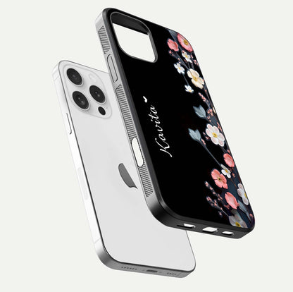 Black Elegance Floral Custom Name Glass Case for iPhone 16 Pro floating mockup emphasizing premium shine and floral art