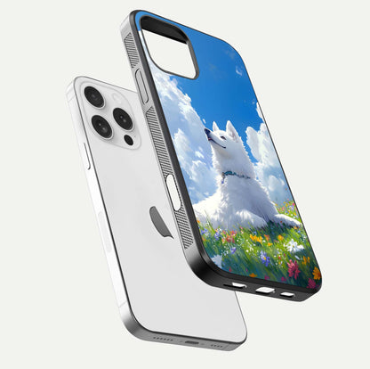 Blissful Cloud Pup Glass Case for iPhone 16 Pro floating mockup capturing playful aesthetic and gloss finish