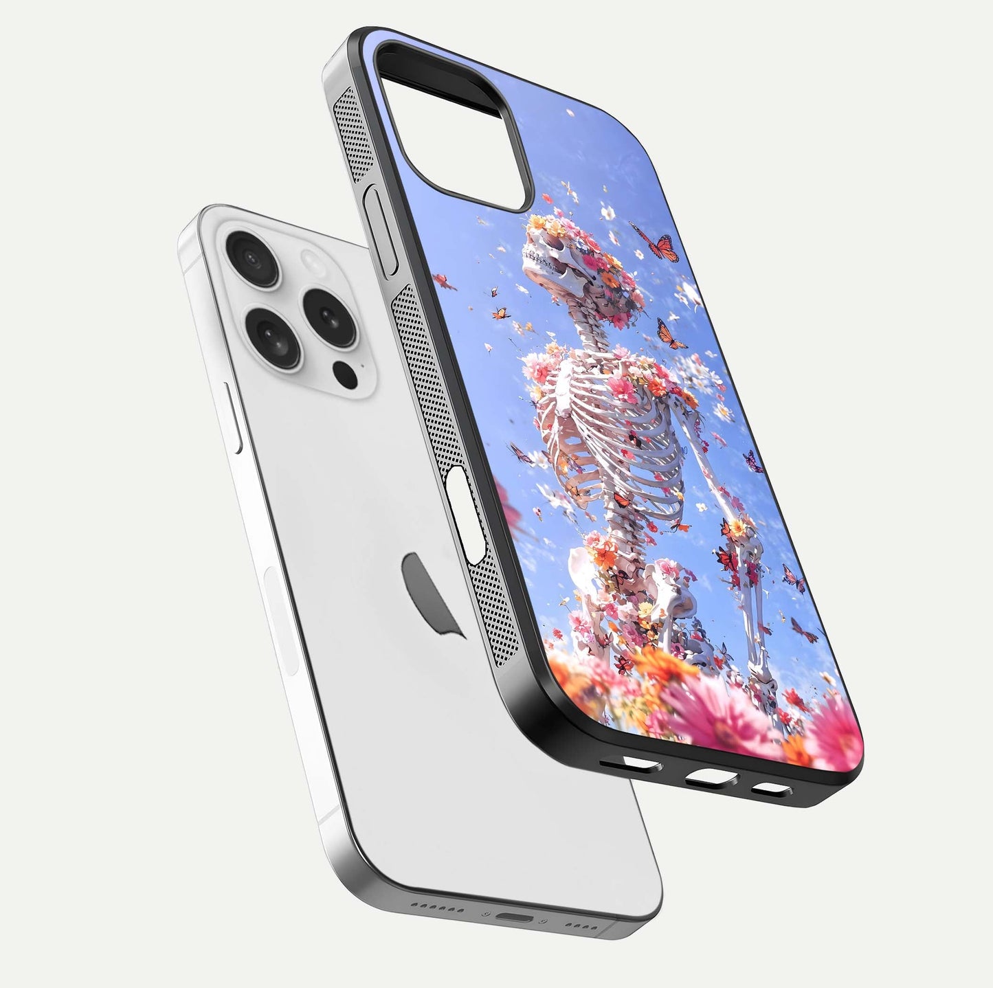 Bloom Beyond Bones Glass Case for iPhone 16 Pro floating mockup displaying shine, texture, and gloss detail