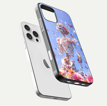 Bloom Beyond Bones Glass Case for iPhone 16 Pro floating mockup displaying shine, texture, and gloss detail