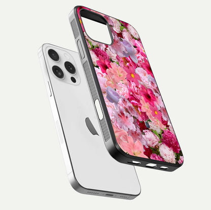 Bloom Crush Fantasy Glass Case for iPhone 16 Pro floating mockup showing floral pattern clarity and HD glass