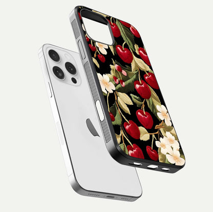 Bloom Thread Art Glass Case for iPhone 16 Pro floating mockup showing premium reflection and stitched art vibe