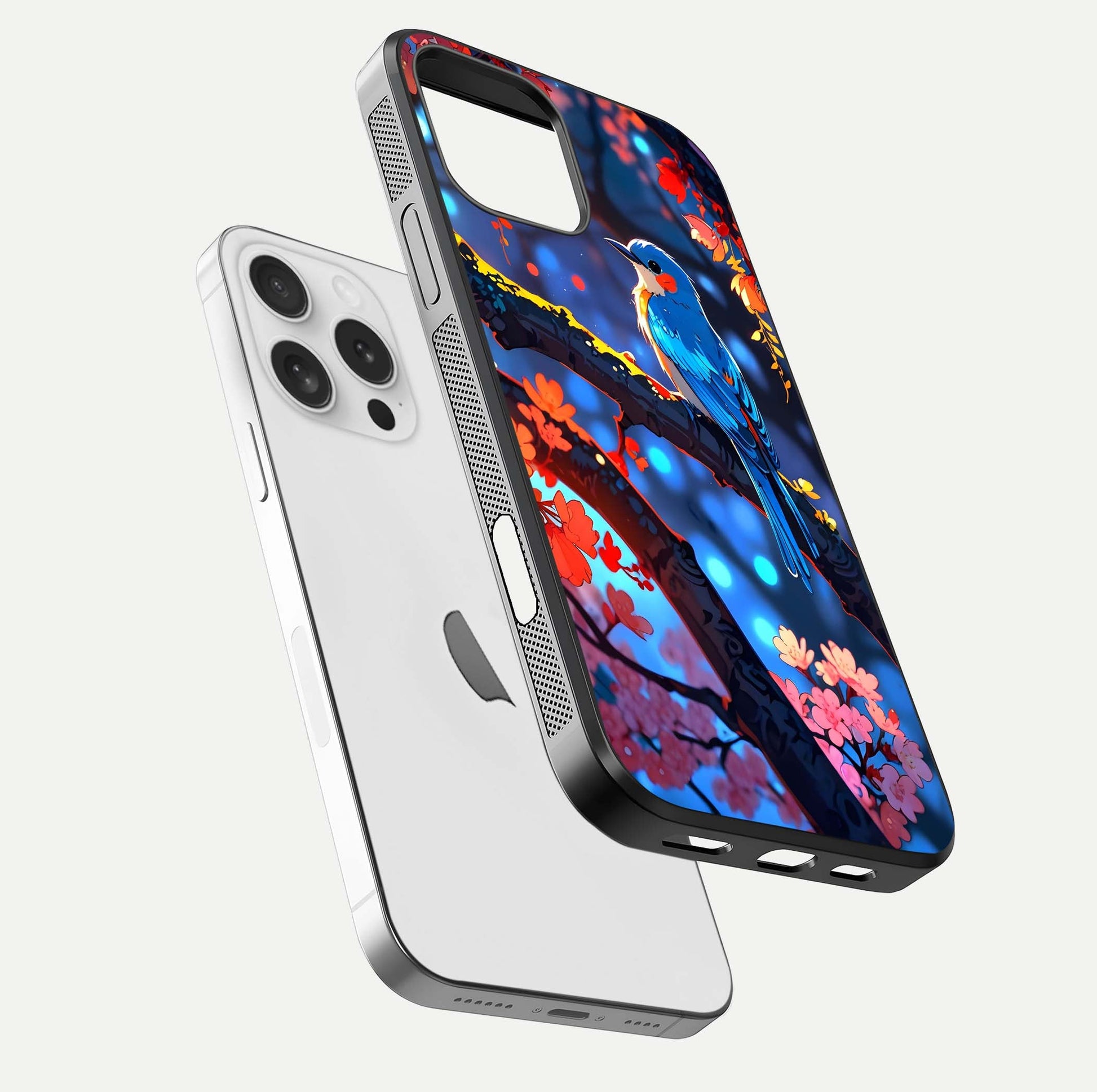 Blooming Spendor Bird Glass Case for iPhone 16 Pro floating dual-mockup capturing gloss tone and curved texture