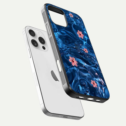 Blooming Water Drift Glass Case for iPhone 16 Pro floating dual-view mockup showing floral drift pattern and reflective surface