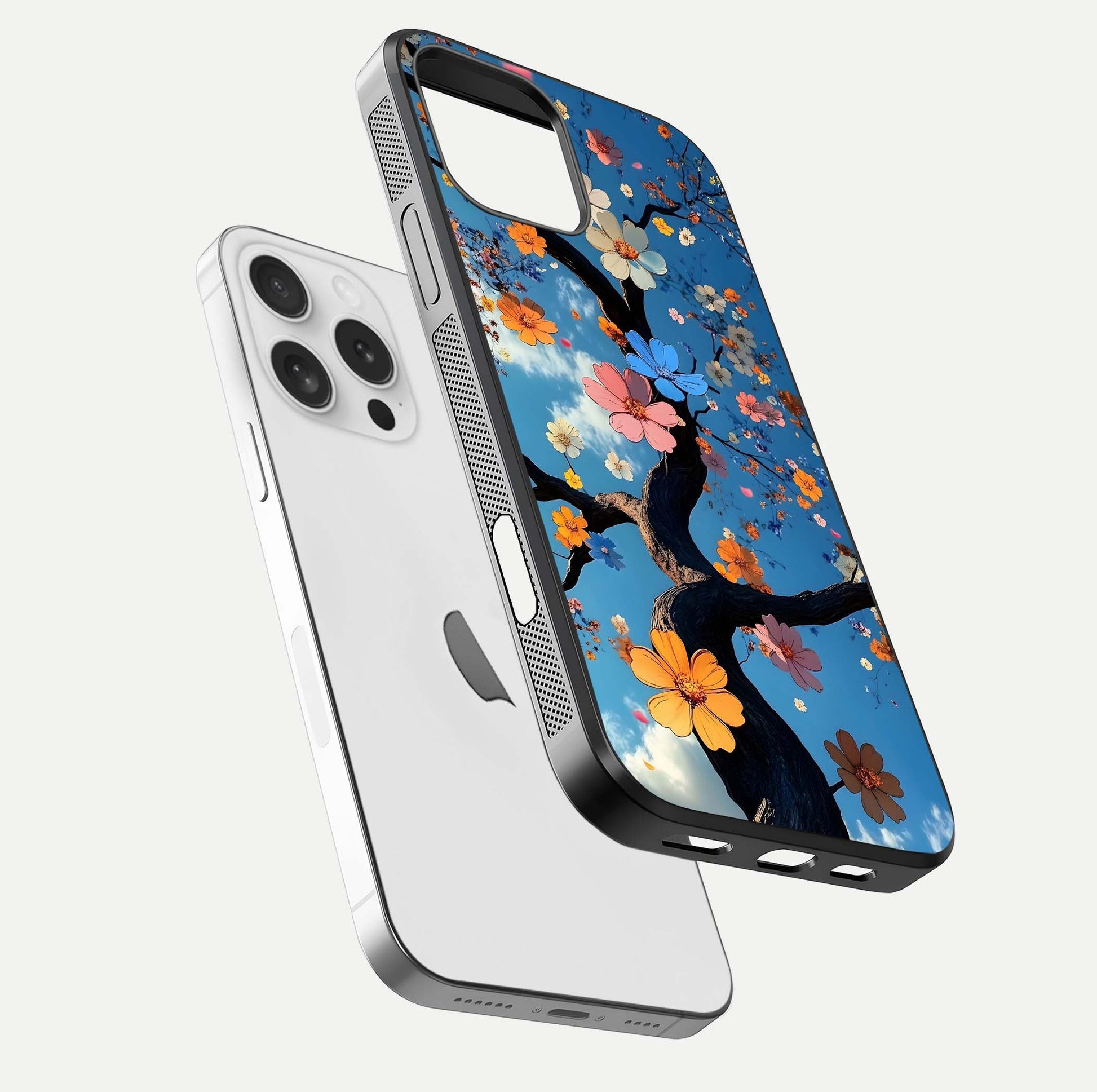 Blossom Dream Sky Glass Case for iPhone 16 Pro floating dual-mockup displaying smooth finish and elegant sky tones