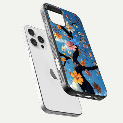 Blossom Dream Sky Glass Case for iPhone 16 Pro floating dual-mockup displaying smooth finish and elegant sky tones