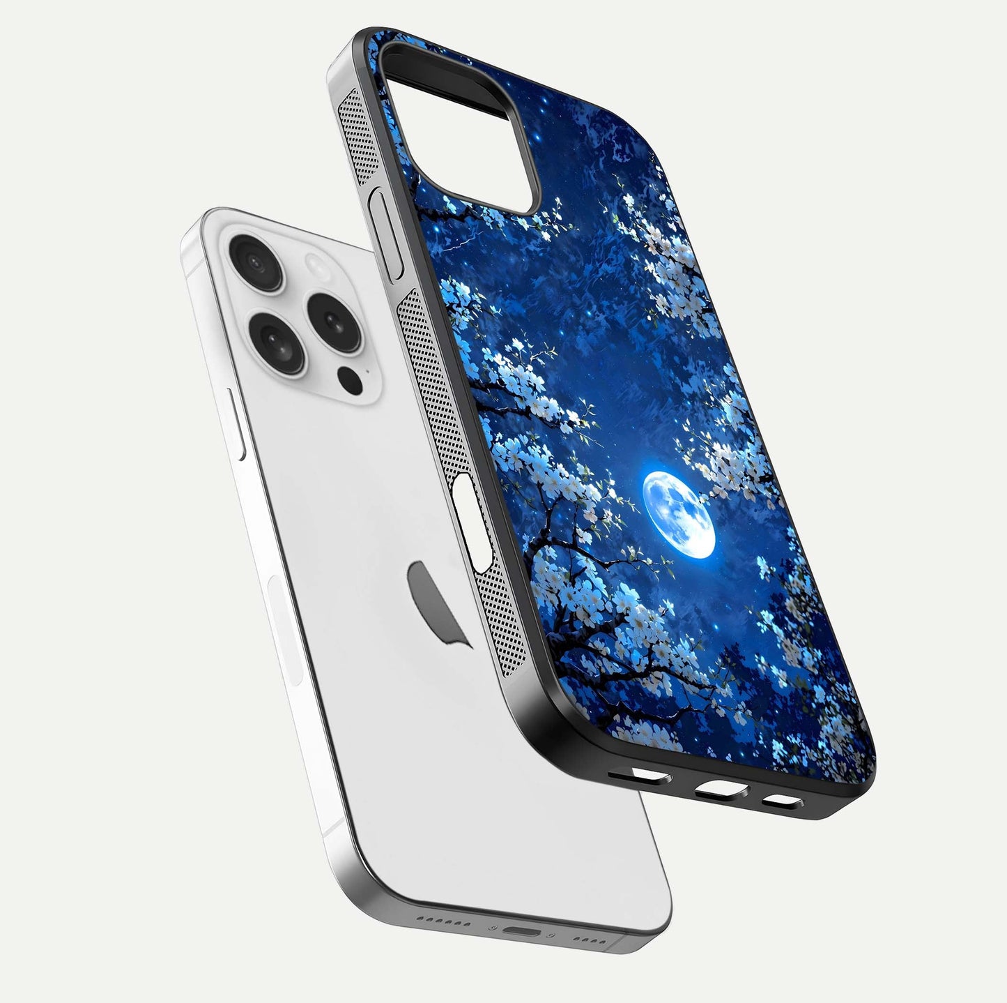 Blossom Moonlight Sky Glass Case for iPhone 16 Pro floating mockup showing glowing moon accent and HD gloss texture