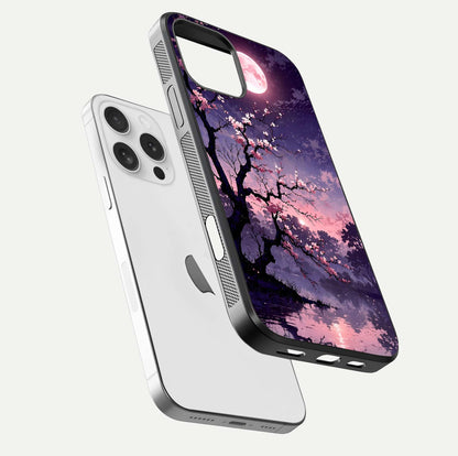 Blossom Pink Moon Glass Case for iPhone 16 Pro floating mockup emphasizing dreamy pink moon aura and smooth finish