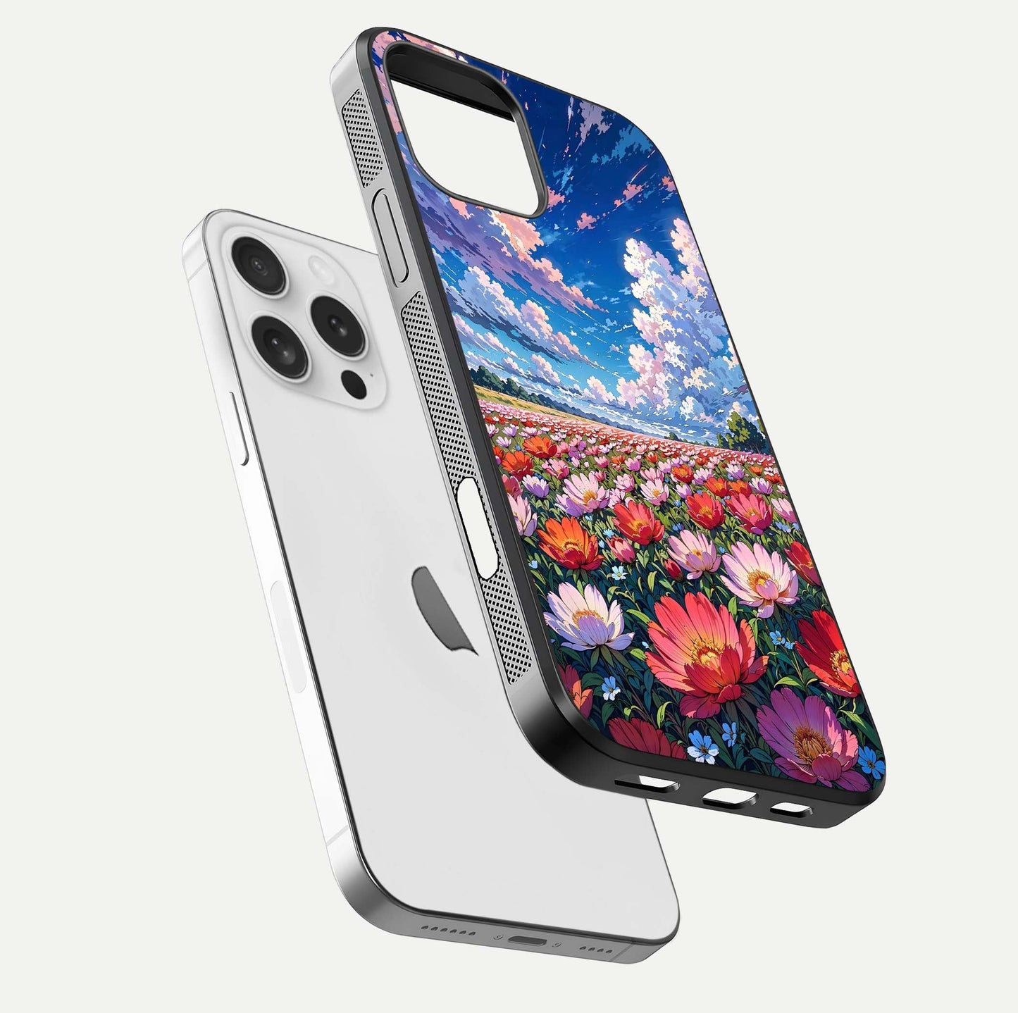 Blossom Sky Field Glass Case for iPhone 16 Pro floating mockup displaying sky bloom concept with smooth finish