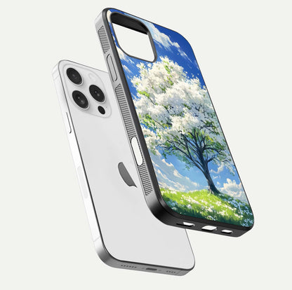 Blossom Sky Serenity Glass Case for iPhone 16 Pro floating mockup capturing gloss surface and tranquil design