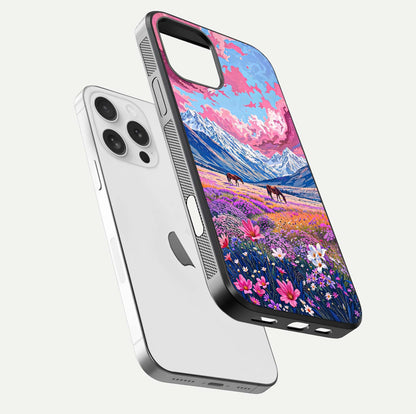 Blossom Valley Dream Glass Case for iPhone 16 Pro floating mockup showing floral valley blend and reflective surface