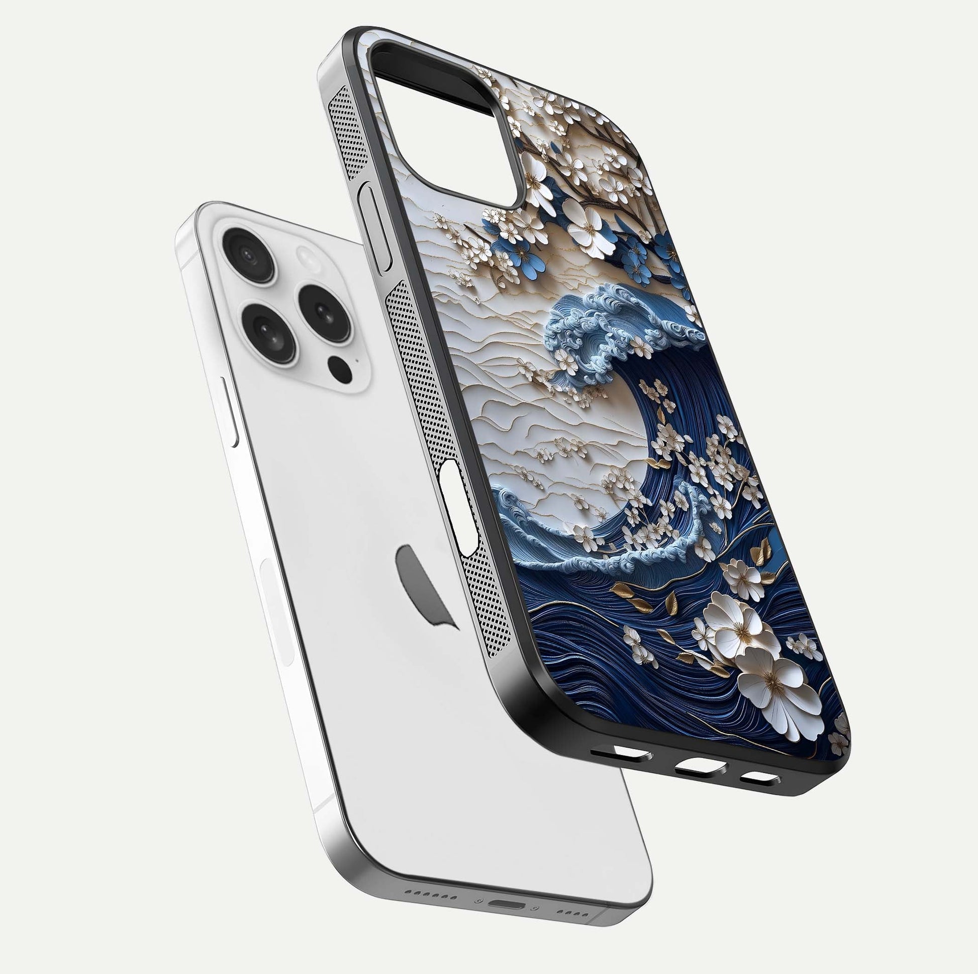 Blossom Wave Art Glass Case for iPhone 16 Pro floating mockup displaying pattern details and reflective shine