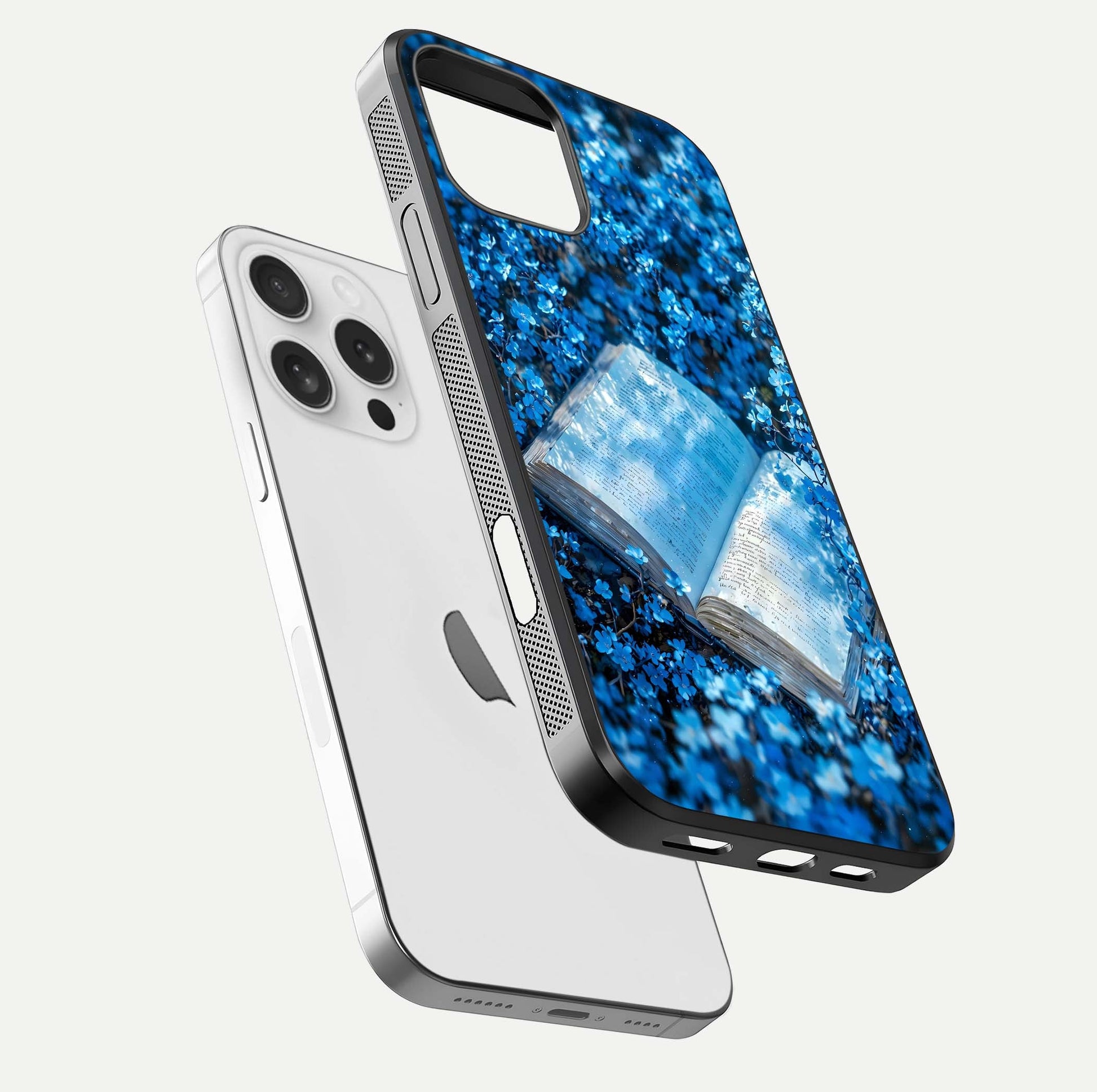 Blue Bloom Tales Glass Case for iPhone 16 Pro floating mockup showing detailed bloom and reflective surface
