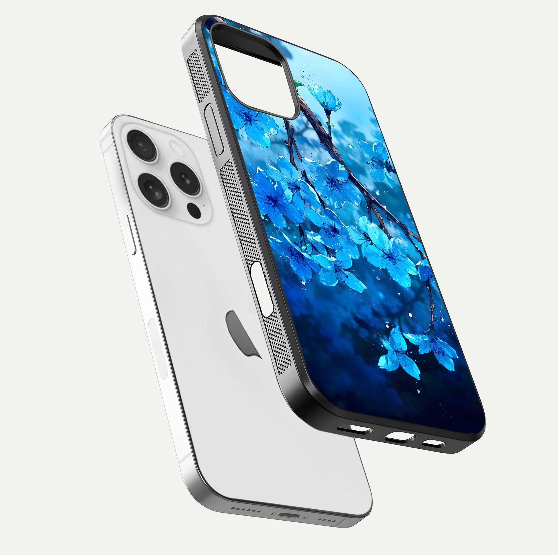 Blue Blossoms Branch Glass Case for iPhone 16 Pro floating mockup showing shine, curved edges, and branch detailing