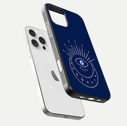 Blue Evil Eye Glass Case for iPhone 16 Pro floating mockup displaying glossy protection and spiritual artwork