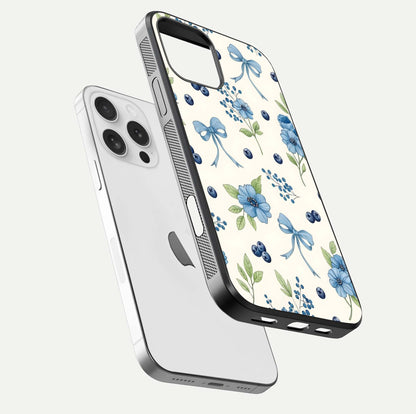 Blue Flower & Bow Glass Case for iPhone 16 Pro floating mockup capturing gloss reflection and girly aesthetic
