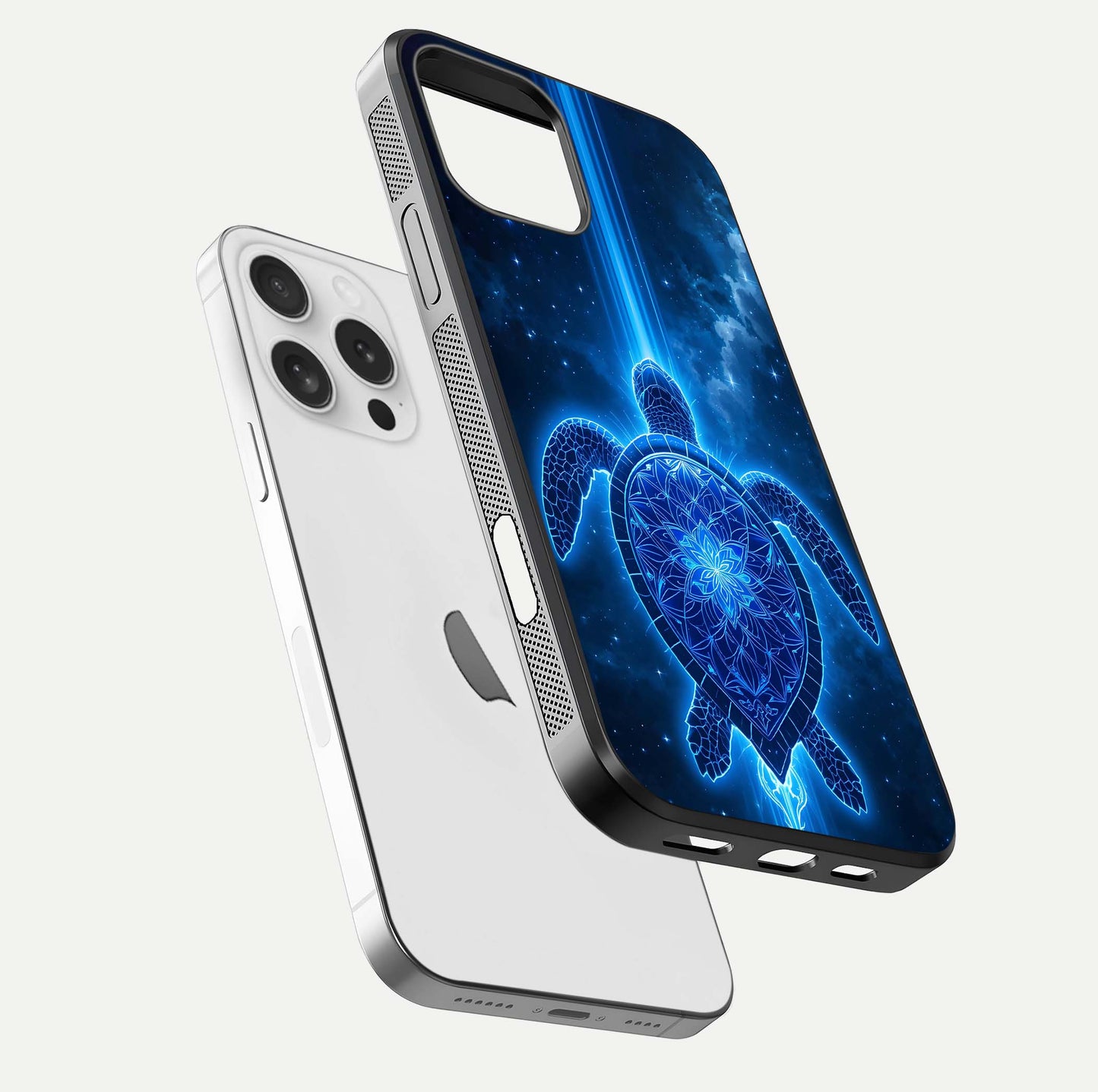 Blue Galaxy Turtle Glass Case for iPhone 16 Pro floating dual-mockup showing gloss depth and color transitions