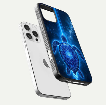 Blue Galaxy Turtle Glass Case for iPhone 16 Pro floating dual-mockup showing gloss depth and color transitions