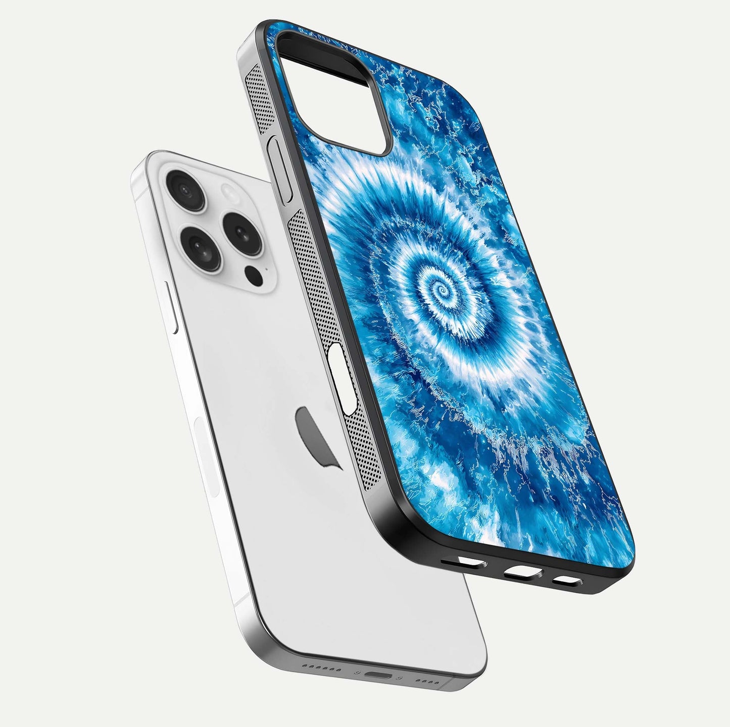 Blue Galaxy Wave Glass Case for iPhone 16 Pro floating mockup revealing cosmic depth and curved-edge texture