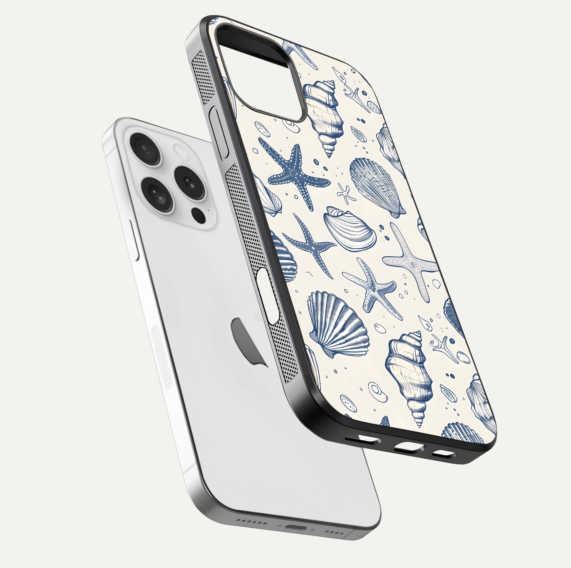 Blue Ocean Outline Glass Case for iPhone 16 Pro floating mockup displaying marine-inspired aesthetic and smooth surface