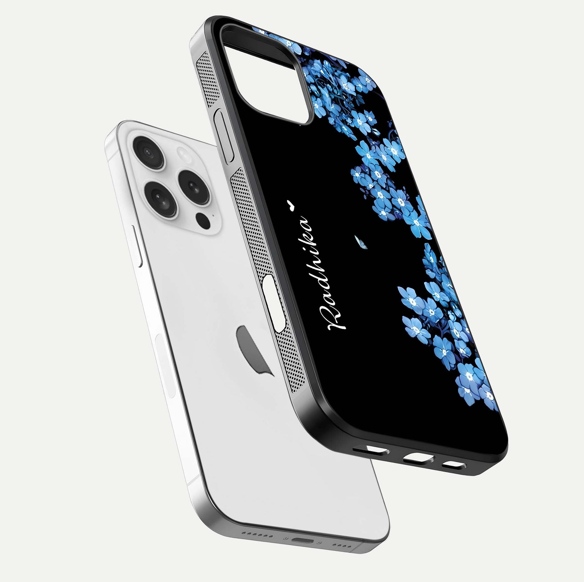 Blue Petal Dream Custom Name Glass Case for iPhone 16 Pro floating mockup capturing floral tones and glass shine