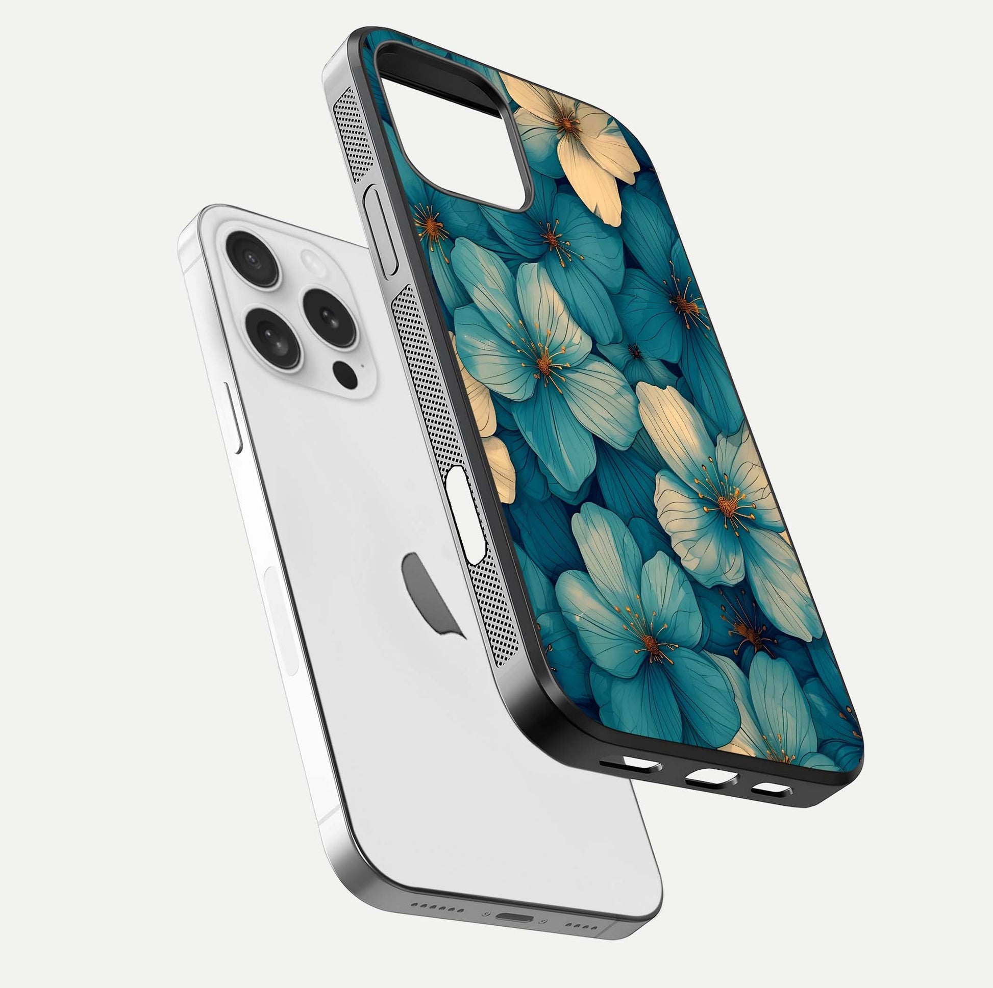 Blue Shade Floral Glass Case for iPhone 16 Pro floating mockup revealing gloss highlight and floral depth