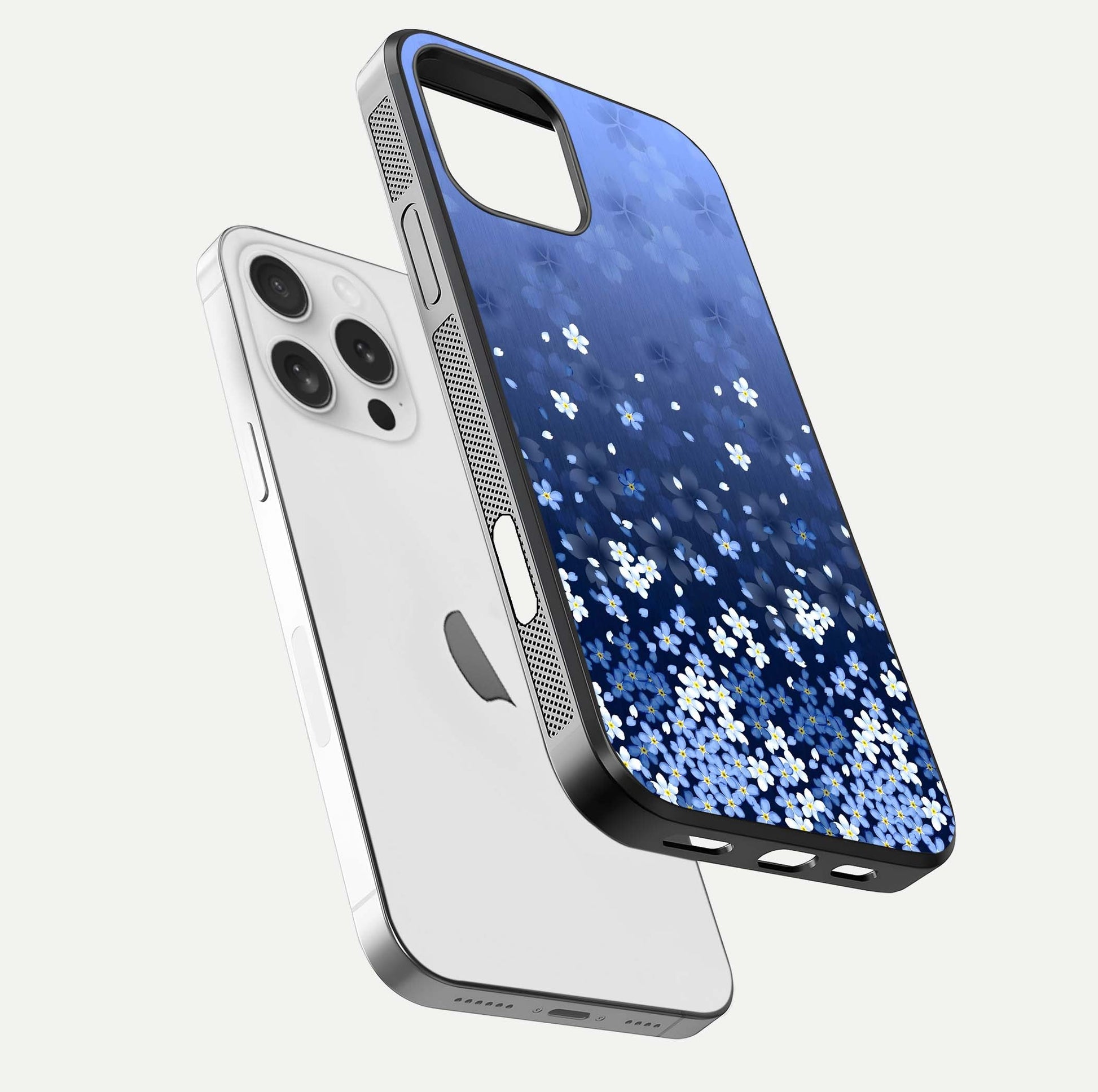 Blue Starry Glass Case for iPhone 16 Pro floating mockup capturing cosmic tone and HD gloss texture