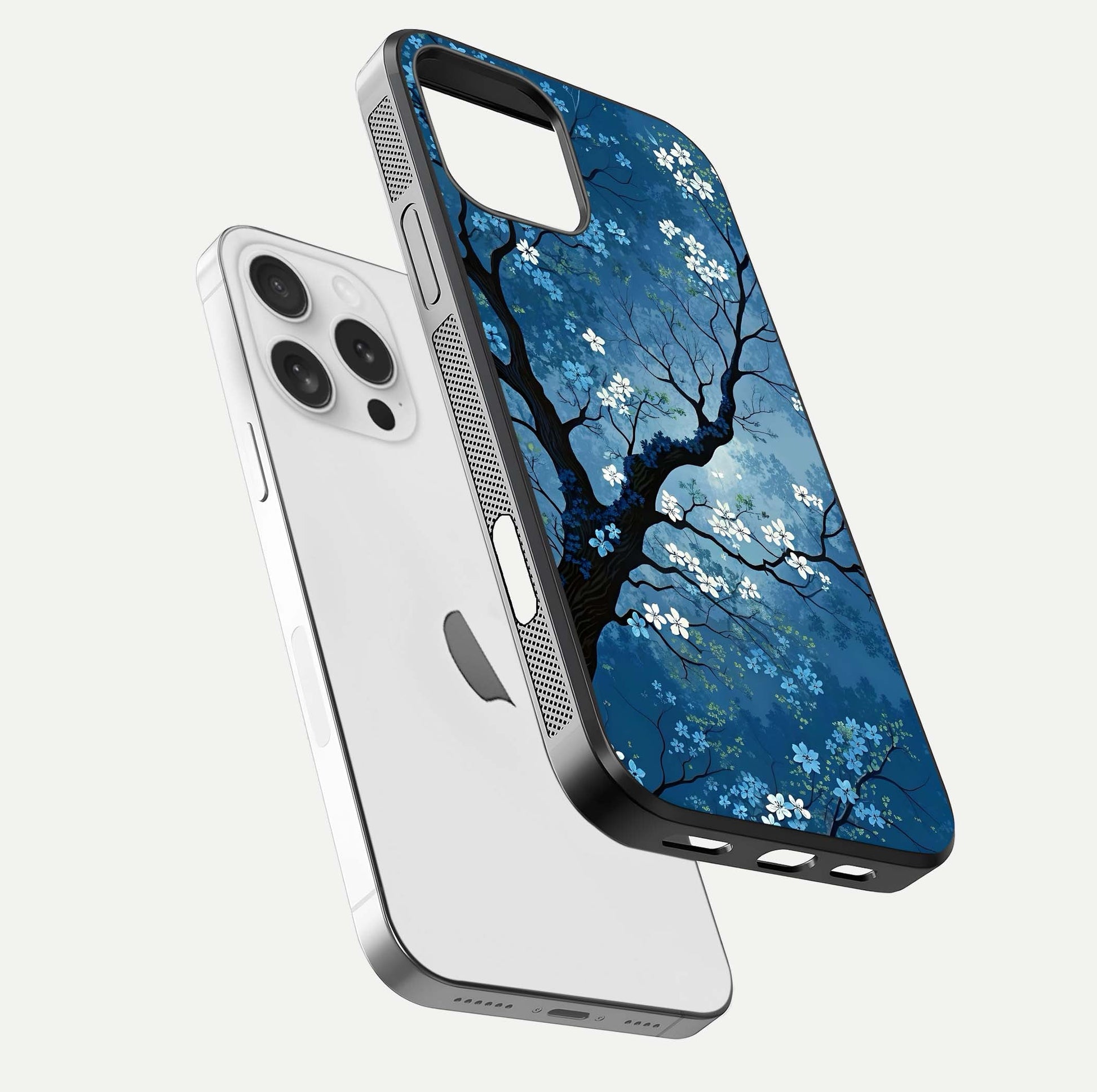 Blue Tree Serenity Glass Case for iPhone 16 Pro floating mockup displaying serene tones and HD glass polish