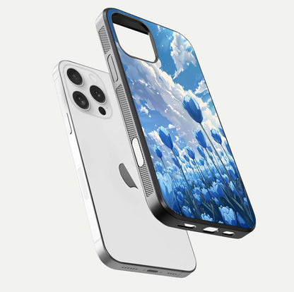 Blue Tulip Clouds Glass Case for iPhone 16 Pro floating mockup displaying tulip-cloud fusion art and smooth glass gloss