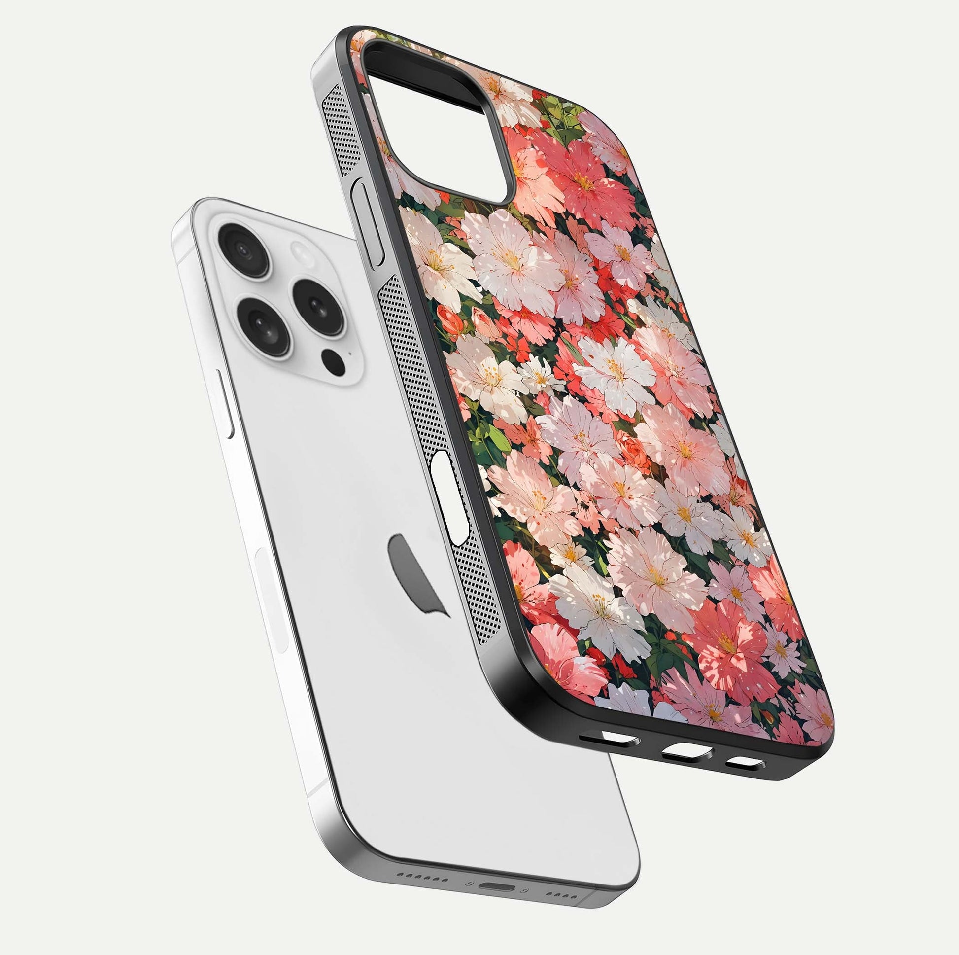 Blush Bloom Field Glass Case for iPhone 16 Pro floating mockup highlighting floral spread and edge reflection