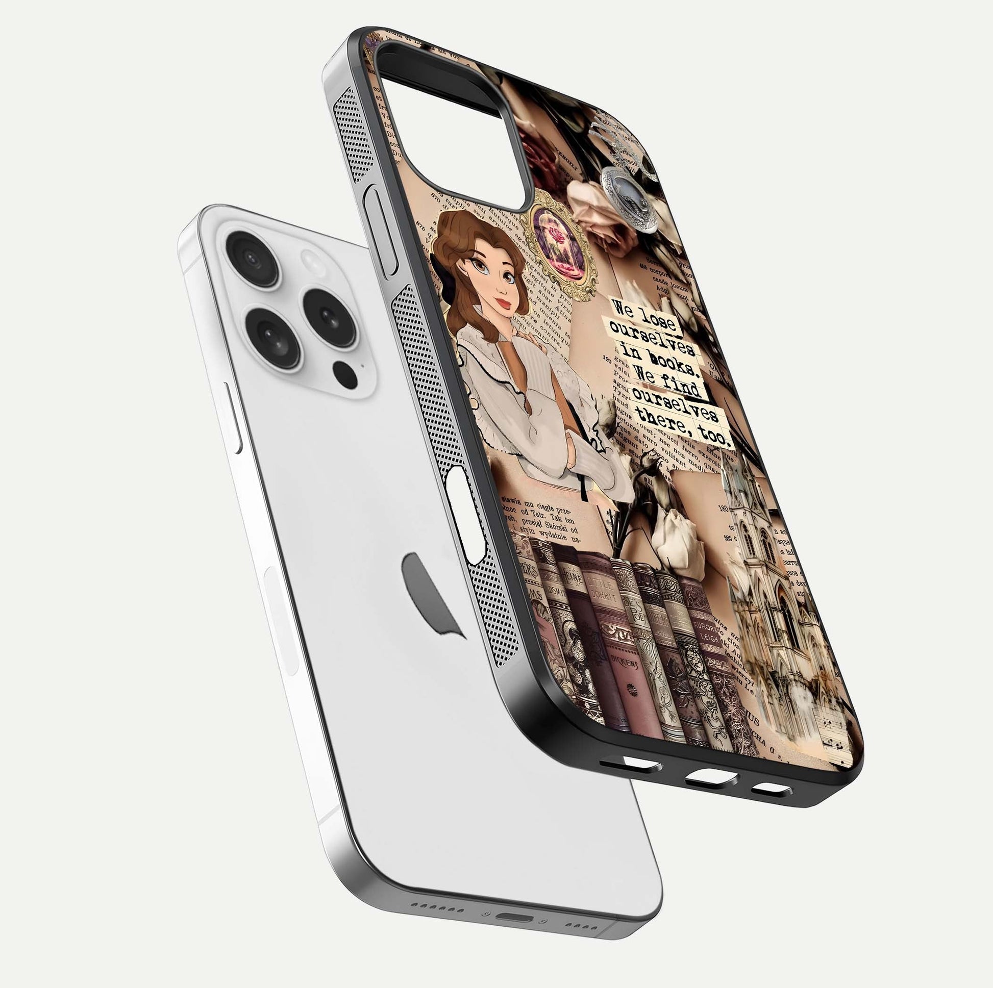 Bookish Dream World Glass Case for iPhone 16 Pro floating mockup capturing gloss shine and artistic balance