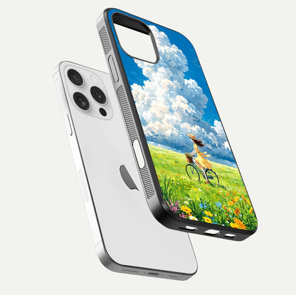 Breezy Meadow Ride Glass Case for iPhone 16 Pro floating mockup capturing serene tones and smooth finish