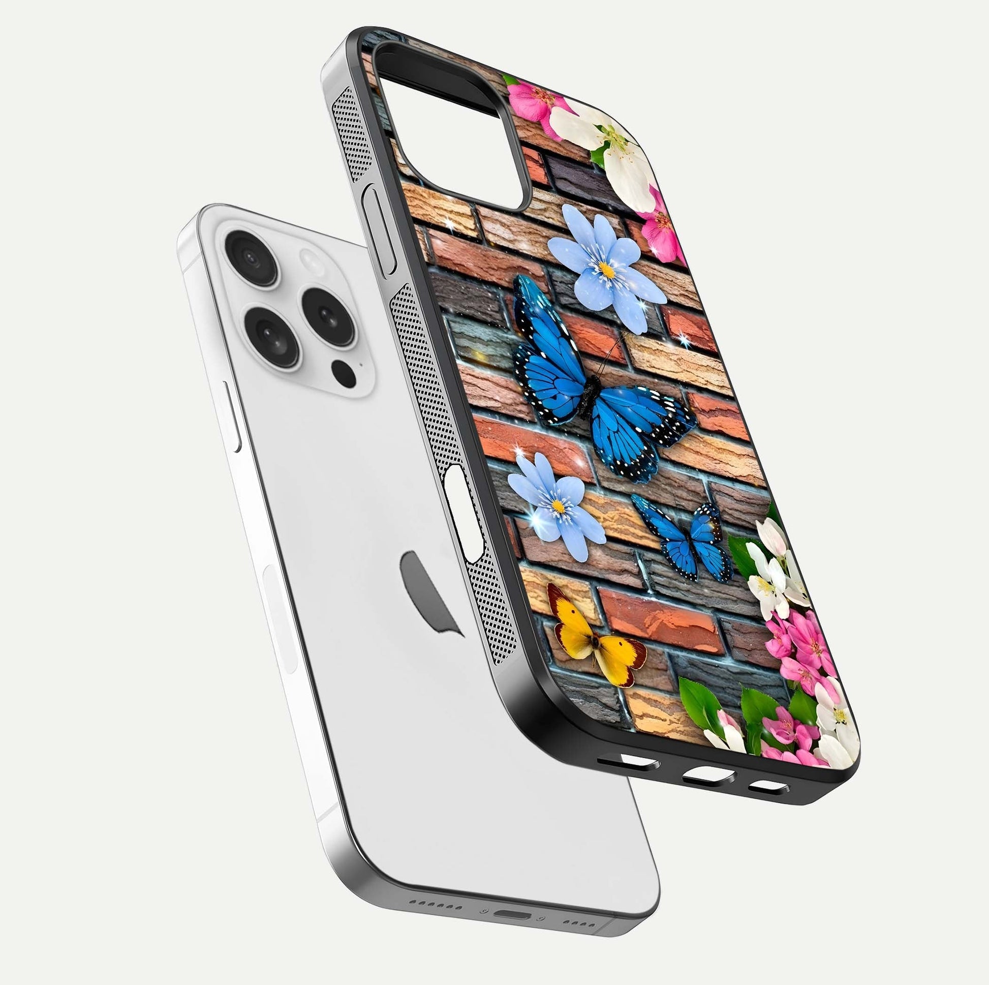 Brick Bloom Flight Glass Case for iPhone 16 Pro floating mockup displaying gloss reflection and pattern vibrancy