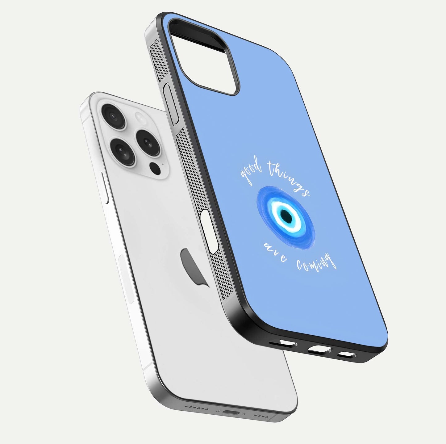 Bright Future Ahead Glass Case for iPhone 16 Pro floating mockup showing sleek design and positive quote print