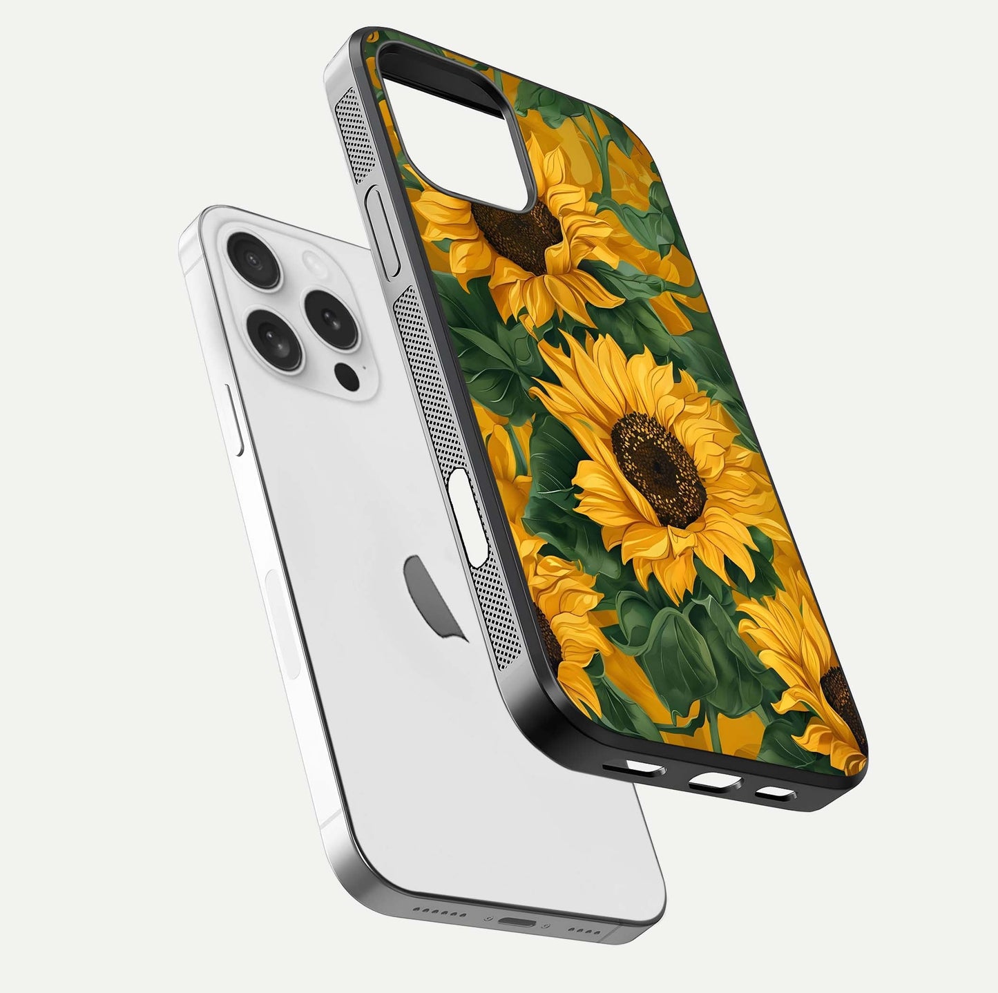 Bright Sunflower Bloom Glass Case for iPhone 16 Pro floating mockup capturing vibrant tones and gloss surface