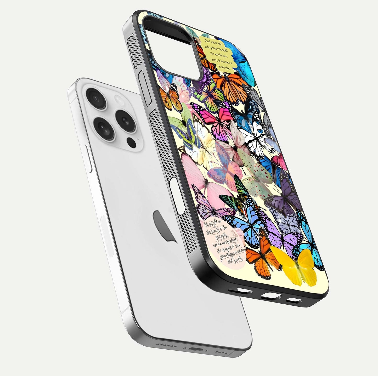 Butterflies Petal Dream Glass Case for iPhone 16 Pro floating mockup displaying detailed print and premium glass glow