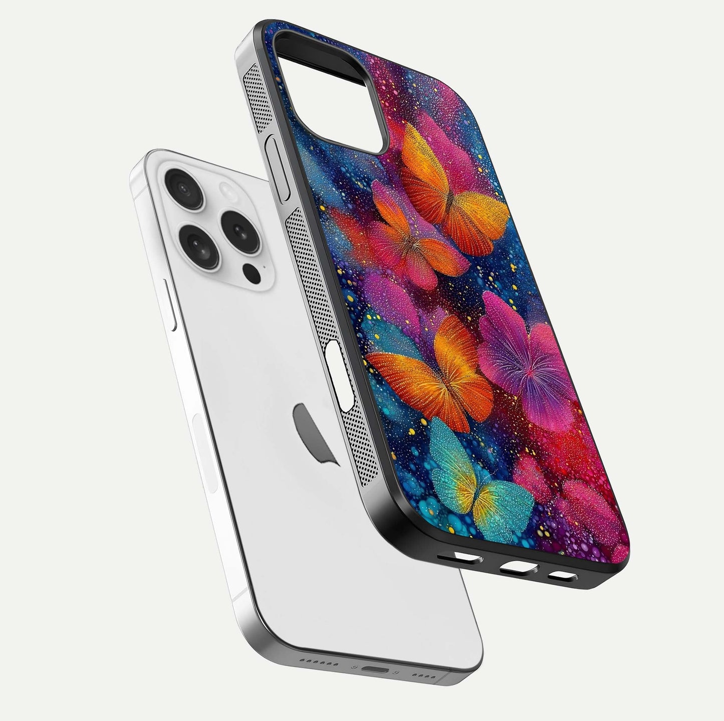 Butterfly Dream Mist Glass Case for iPhone 16 Pro floating mockup displaying glass shine and ethereal art depth