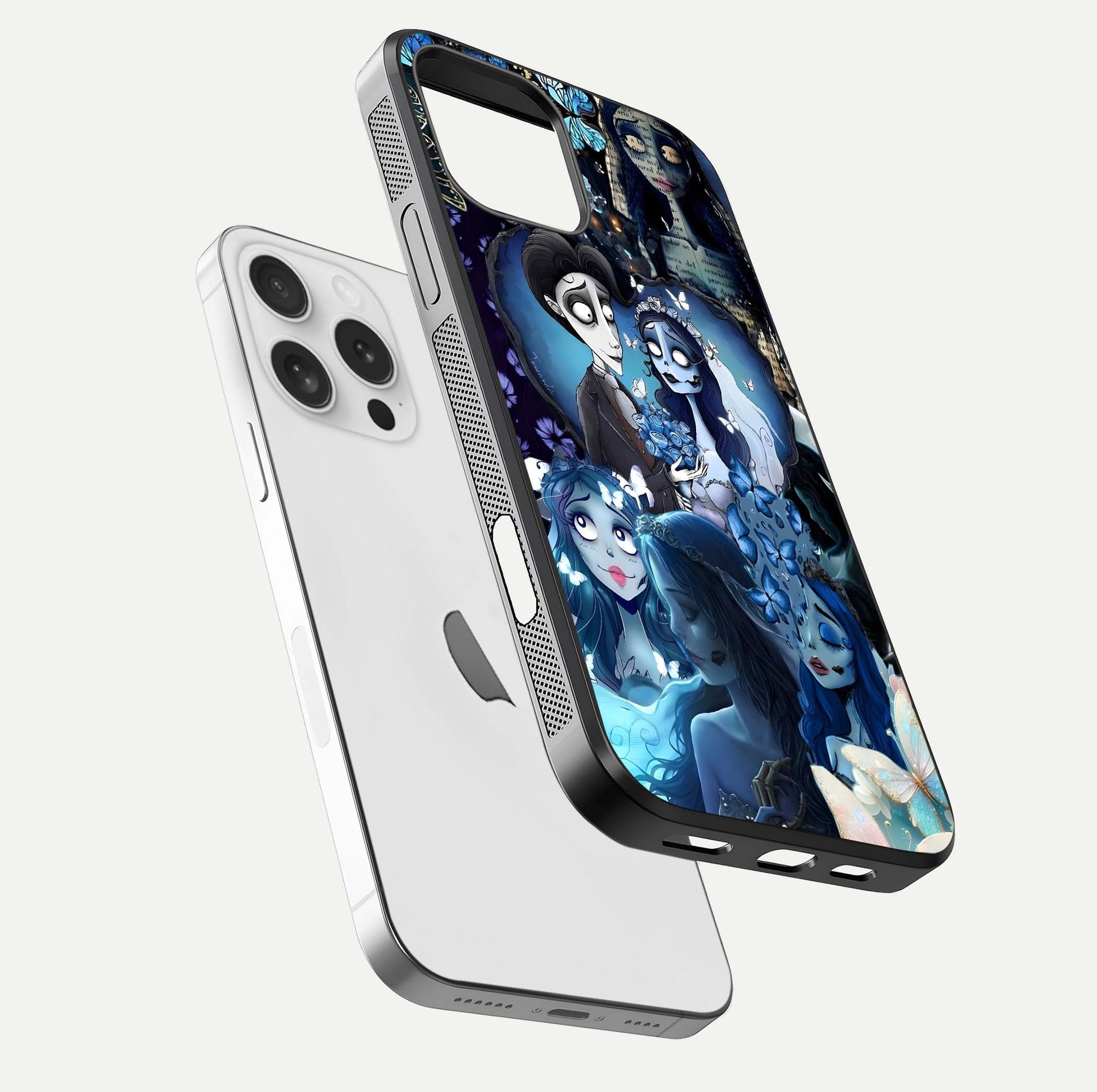 Butterfly Ghost Soul Glass Case for iPhone 16 Pro floating mockup showcasing spirit-like butterfly detail and gloss