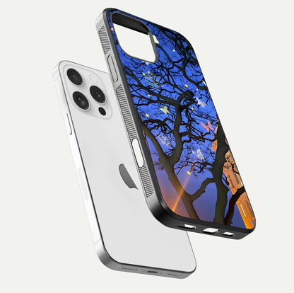 Butterfly Night Magic Glass Case for iPhone 16 Pro floating mockup showing night glow and smooth polish
