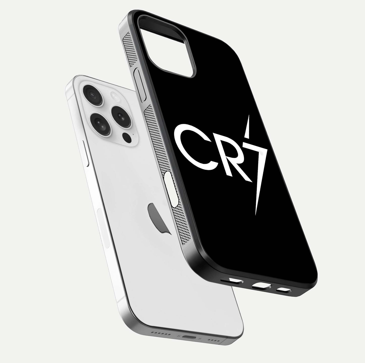 CR7 Elite Strike Glass Case for iPhone 16 Pro floating mockup displaying HD gloss and sporty texture