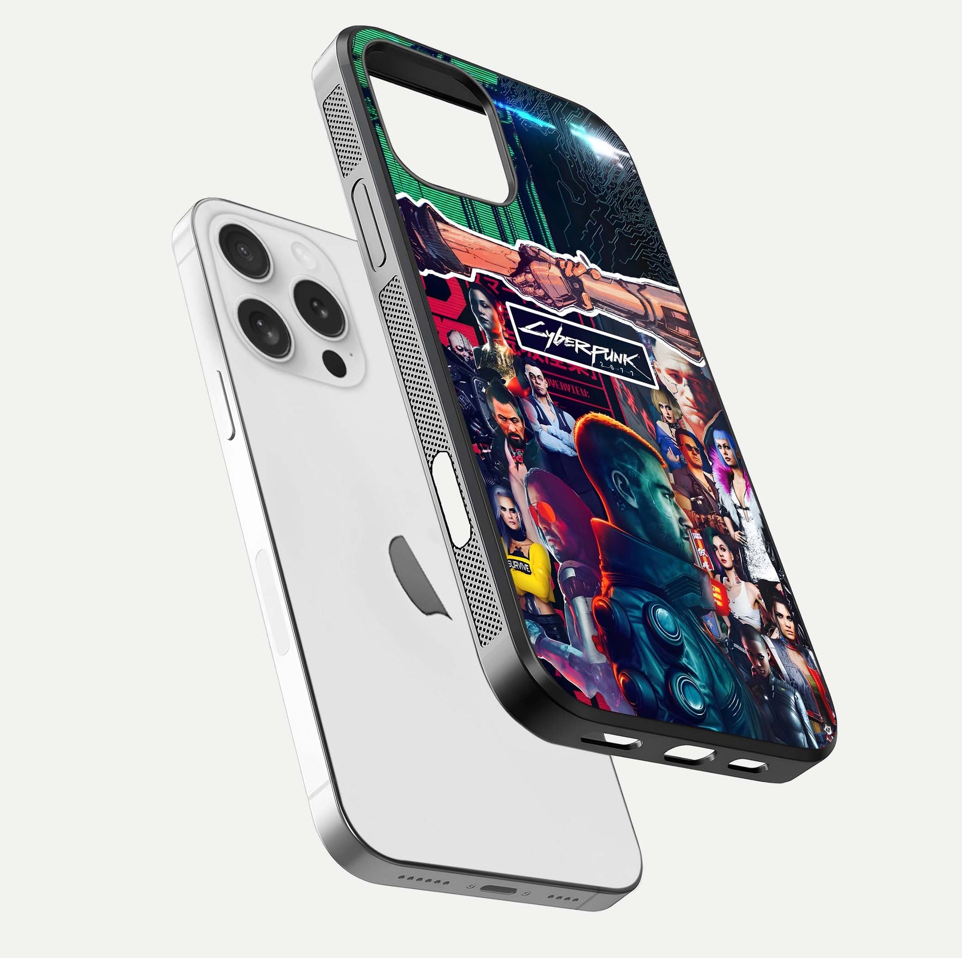 CYBERPUNK Legacy Glass Case for iPhone 16 Pro floating mockup showing HD gloss and neon glow detail