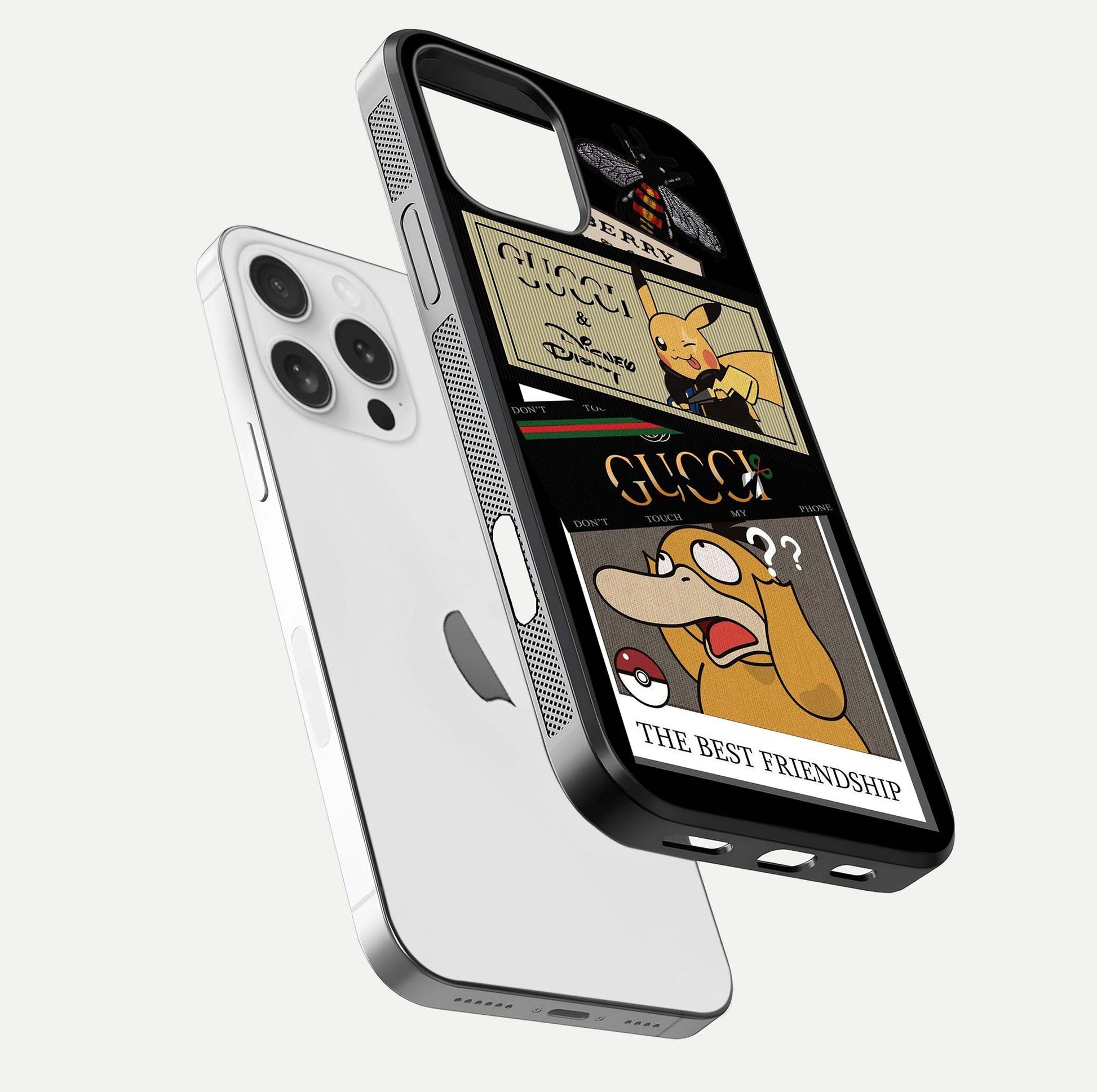 Cartoon Brand Play Mashup Glass Case for iPhone 16 Pro floating dual-view mockup showing gloss surface and vivid reflection