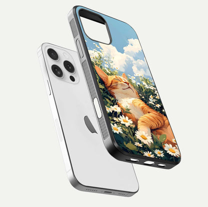 Cat & Flowers View Glass Case for iPhone 16 Pro floating mockup showing design reflection and protective edges