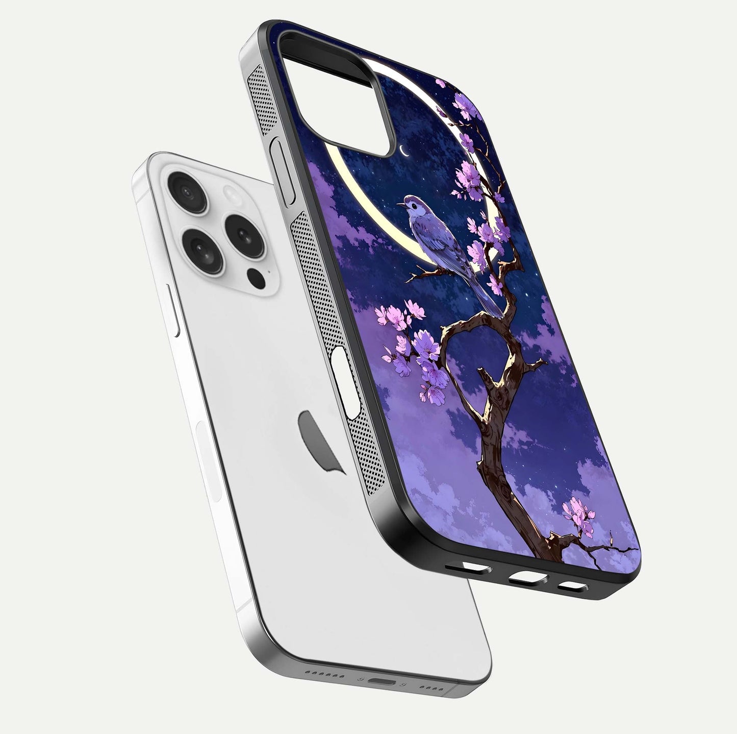 Celestial Bird Blossom Glass Case for iPhone 16 Pro floating mockup showing cosmic floral tones and HD gloss