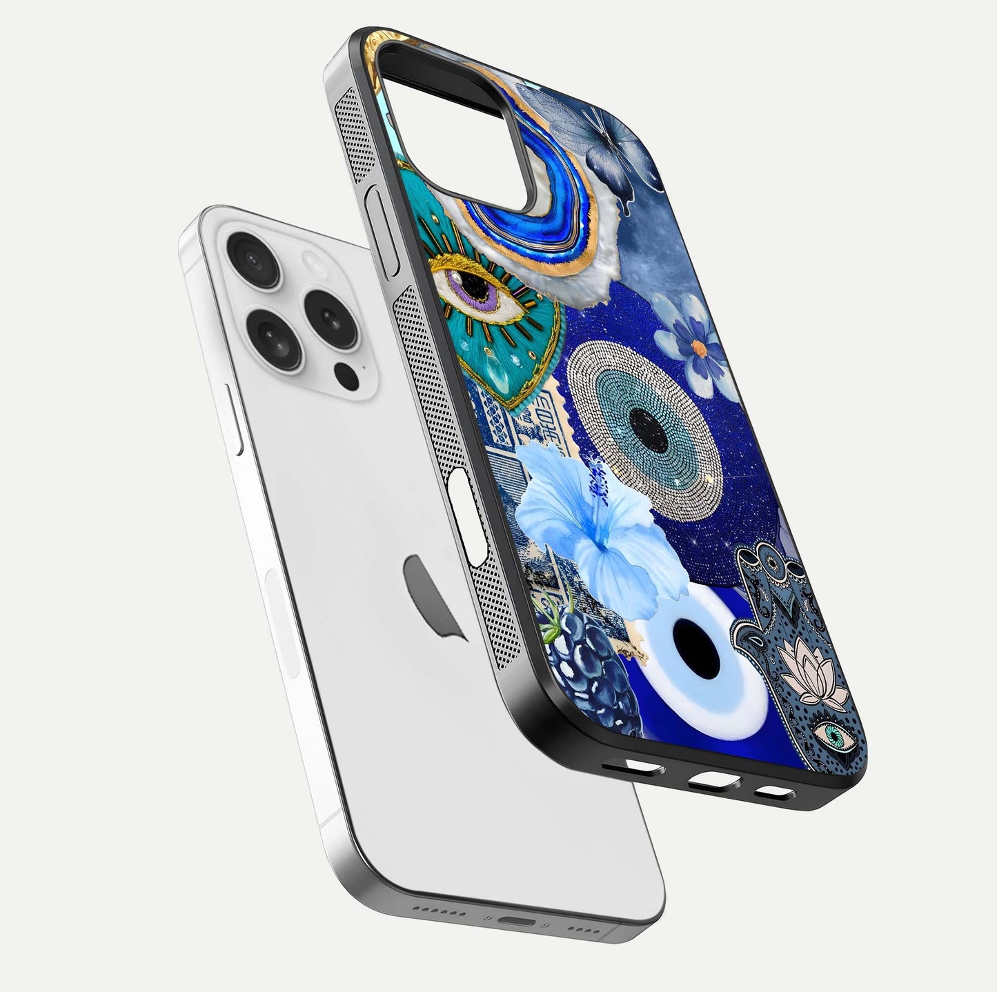 Celestial Blue Vision Glass Case for iPhone 16 Pro floating mockup showing gloss depth and night-sky pattern
