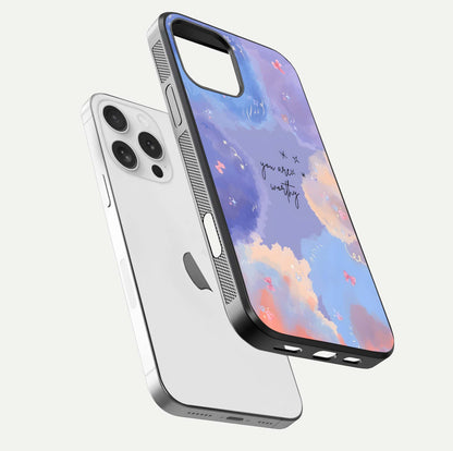 Celestial Cloud Magic Glass Case for iPhone 16 Pro floating mockup displaying cloud aura and HD finish