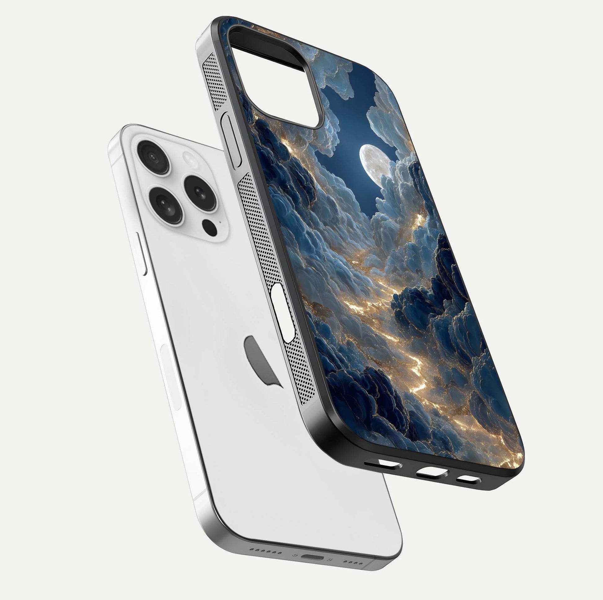 Celestial Cloud Road Glass Case for iPhone 16 Pro floating mockup capturing glowing horizon and HD gloss