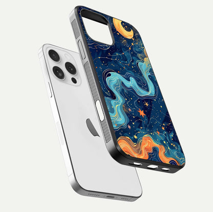 Celestial Dream Flow Glass Case for iPhone 16 Pro floating mockup displaying gloss shimmer and artistic composition